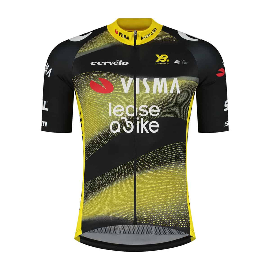 Vuelta a la bicicleta de carreras con camiseta de ciclismo profesional negra, amarilla y blanca para entrenamiento, competición y ciclismo en ruta.