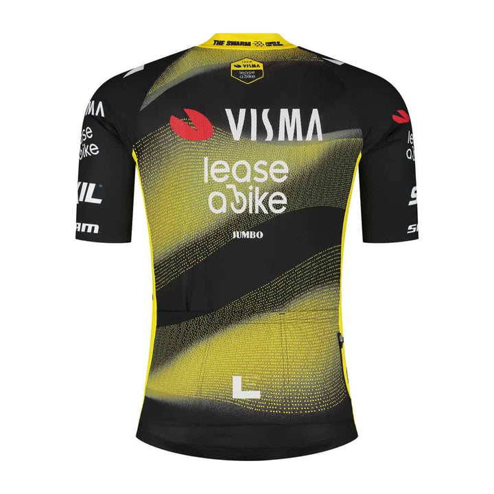 Visera de ciclismo con diseño amarillo y negro para el equipo Leose a Bike, ideal para competición y entrenamiento, con patrocinadores y logotipos visibles.