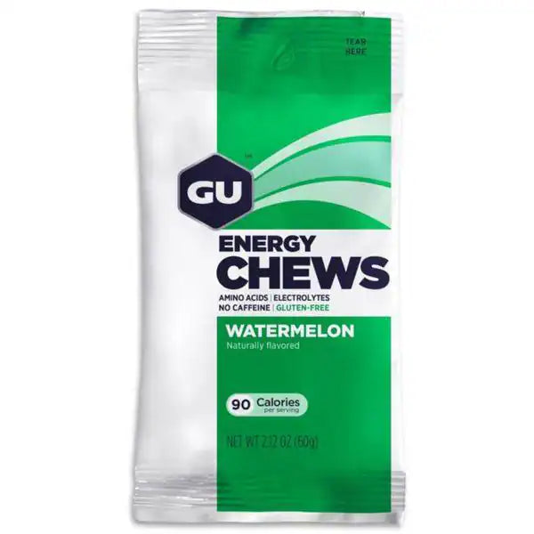 GU Energy Chews, masticables energéticos para ciclistas, sabor sandía, paquete de 90 calorías por porción, ideal para entrenamiento y competencias, sin cafeína y con electrolitos.