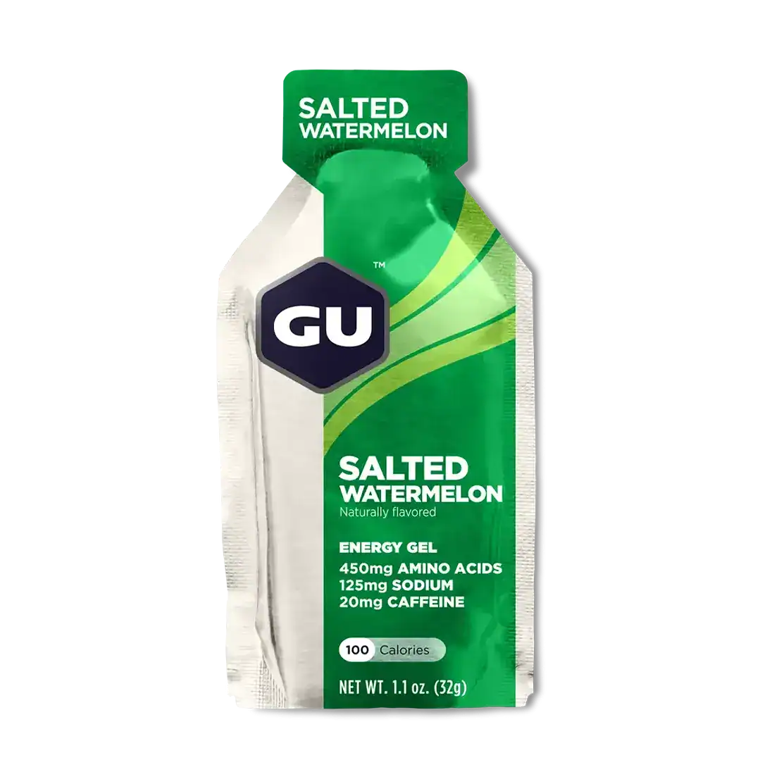 Barra de gel energético sabor sandía salada, con contenido de aminoácidos, sodio y cafeína, ideal para ciclistas y deportistas en entrenamiento.