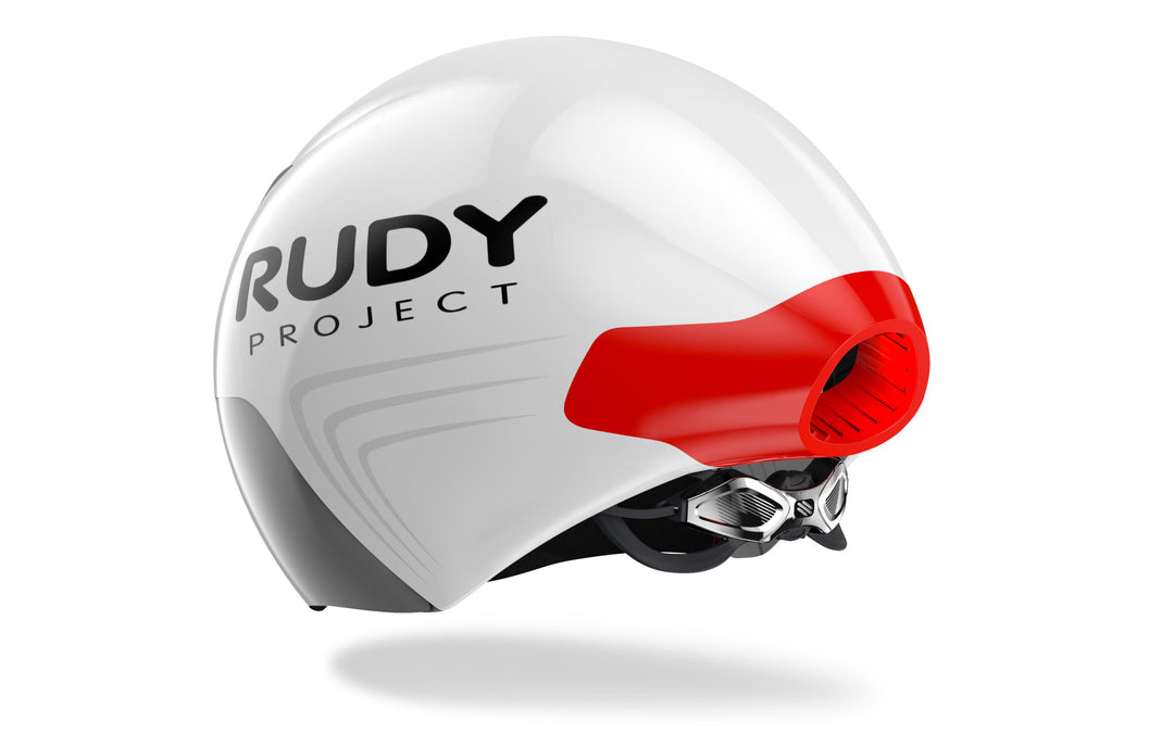Casco Rudy Project The Wing White Shinny vista trasera con sistema de retención micrométrico