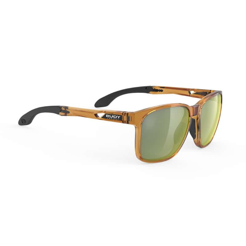 Lentes de sol deportivas de ciclismo con marco de acetato en color marrón y lentes verdes espejo, ideales para protección y rendimiento en ruta o montaña.