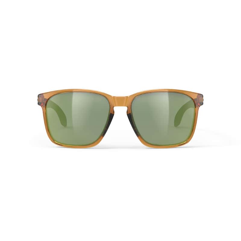Protector solar para ciclistas con gafas de sol deportivas estilo aviador de color marrón con lentes verdes, ideales para protección solar y rendimiento en ciclismo.