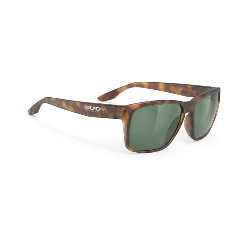 Gafas de sol deportivas estilo tortoise con lentes verdes, ideales para ciclismo y actividades al aire libre, marca Rudy Project, protección UV y diseño resistente para deportistas.