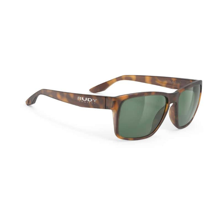 Gafas de sol deportivas estilo tortoise con lentes verdes, ideales para ciclismo y actividades al aire libre, marca Rudy Project, protección UV y diseño resistente para deportistas.