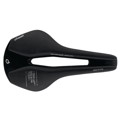 Sillín de bicicleta negro para ciclismo de alto rendimiento, ideal para rutas y competición, fabricado por Prologo con diseño ergonómico y materiales duraderos.